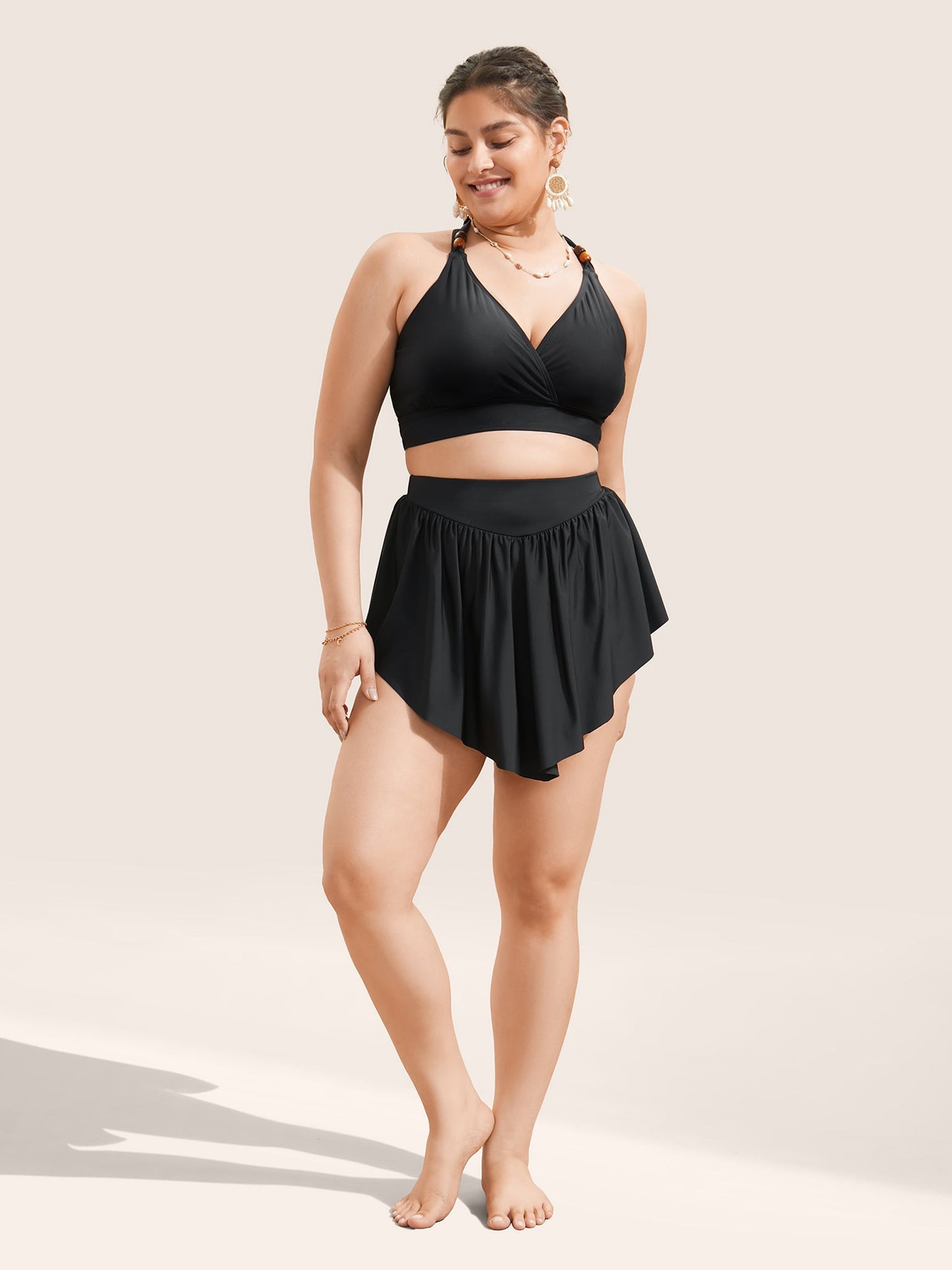 Solid High Rise Gathered Asymmetrical Hem Swim Bottom