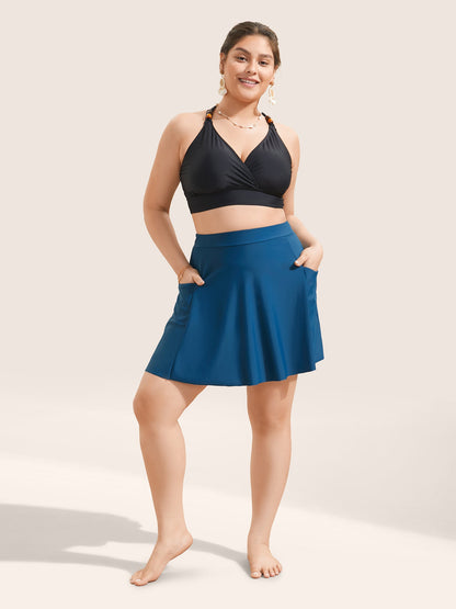 Solid Patched Pocket Side Pleated Swim Skirt