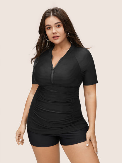 Zipper Raglan Sleeve Ruched Swim Top