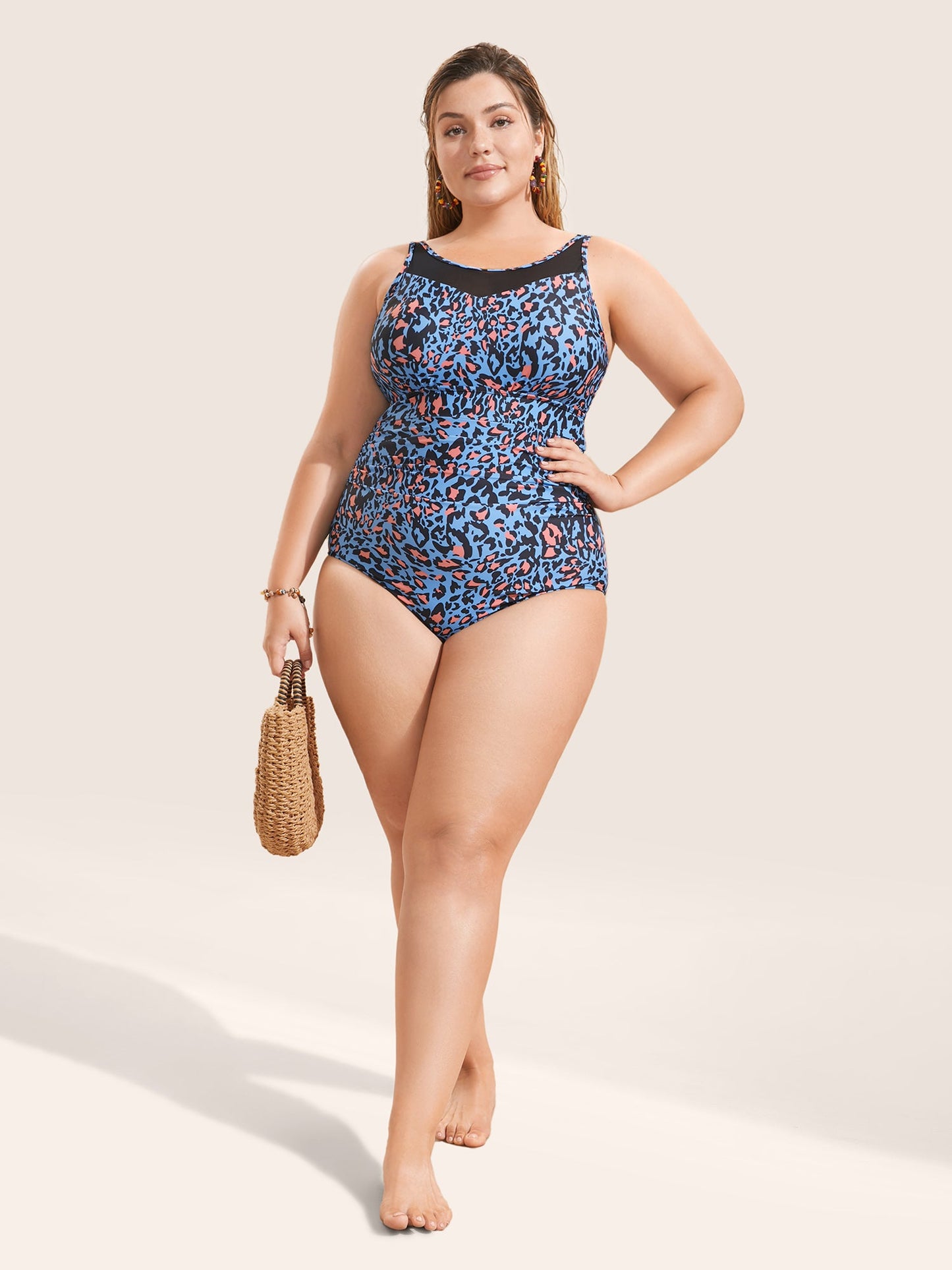 Leopard Print Gathered See Through One Piece Swimsuit