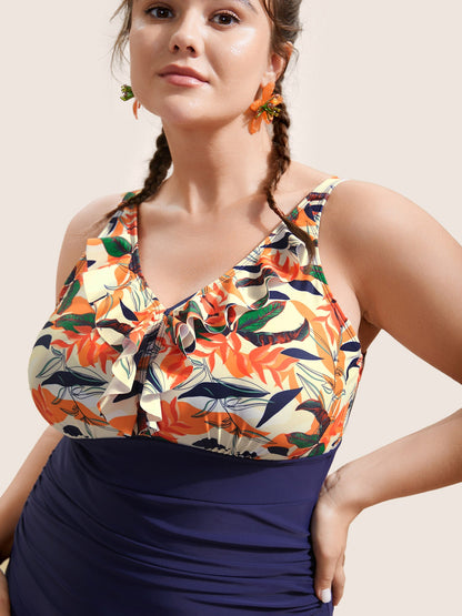 Tropical Patchwork Flutter Trim One Piece Swimsuit