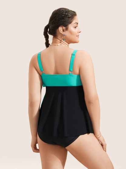 Colorblock Contrast Ruffle Layered Hem Tankini Top