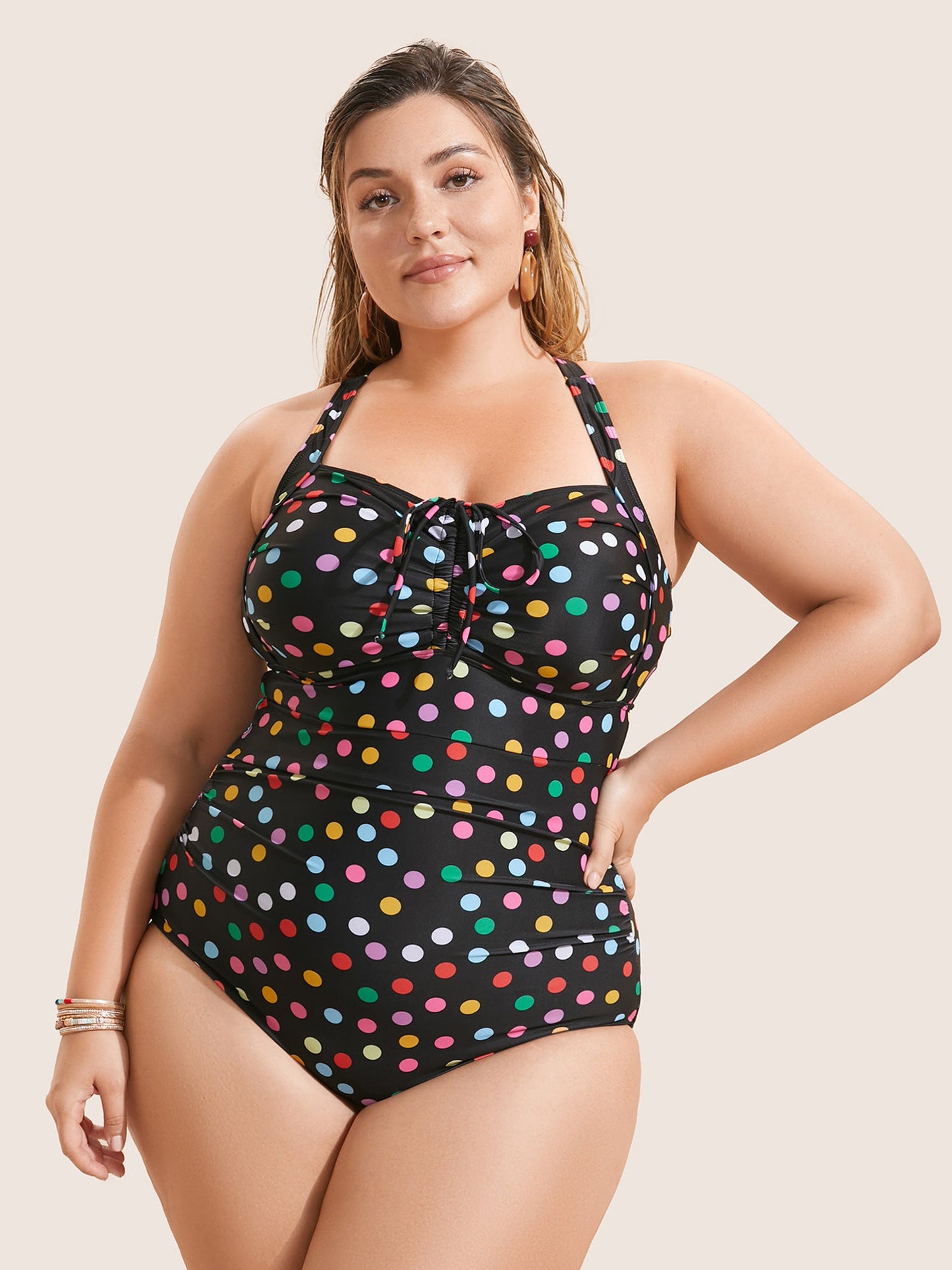 Colored Polka Dot Ties Ruched One Piece Swimsuit