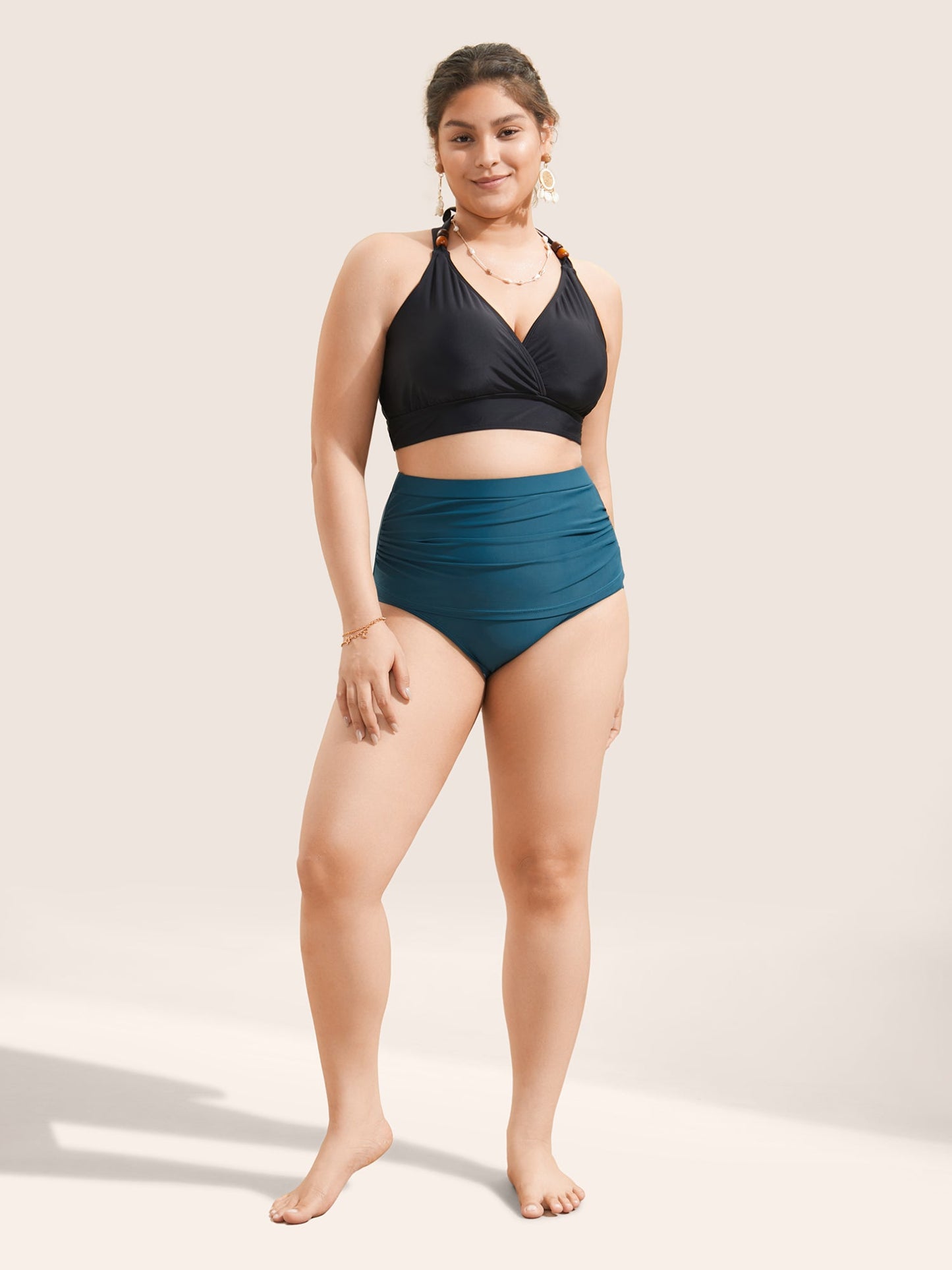 Solid Ruched High Rise Swim Bottom