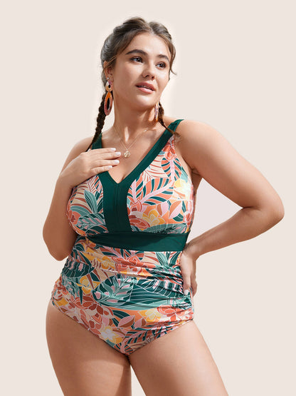 Tropical Print Patchwork Contrast Trim One Piece Swimsuit