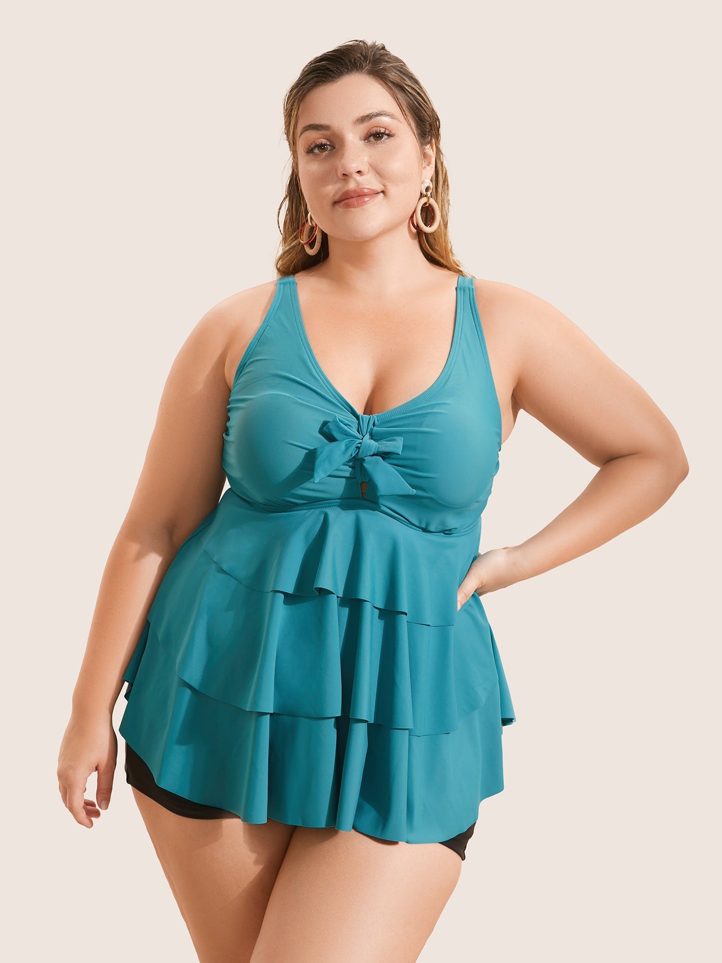 Knotted Front Ruffle Tiered Tankini Top
