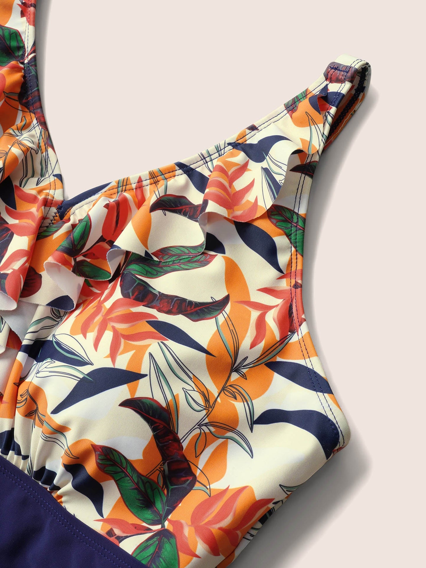 Tropical Patchwork Flutter Trim One Piece Swimsuit