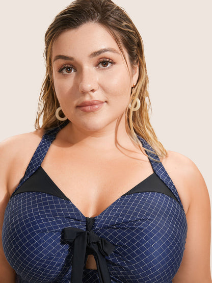 Gingham Bowknot Patchwork Adjustable Straps Swim Top