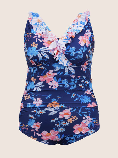 Floral Ruffle Trim Adjustable Straps One Piece Swimsuit