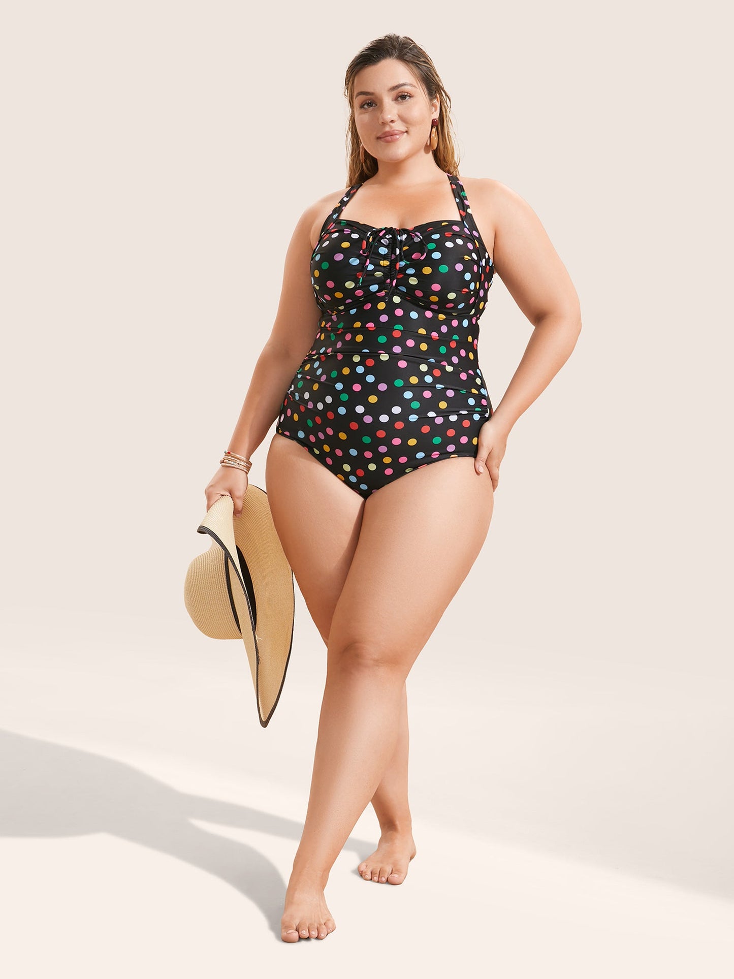 Colored Polka Dot Ties Ruched One Piece Swimsuit