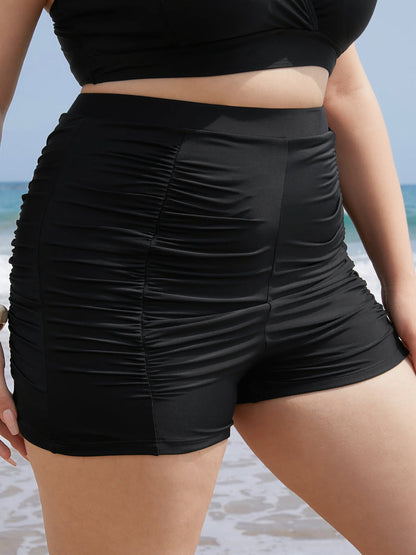 Solid High Waist Ruched Detail Swim Shorts