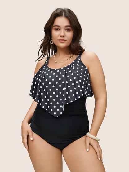 Polka Dot Patchwork Ruffles Gathered One Piece Swimsuit