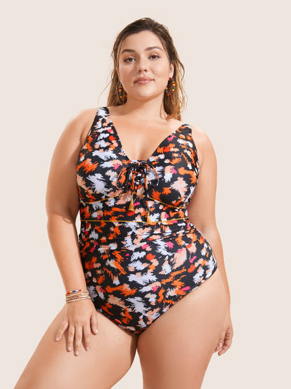 Brush Print Ties Tassel One Piece Swimsuit