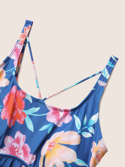 Floral Ruffle Hem Adjustable Straps One Piece Swimsuit