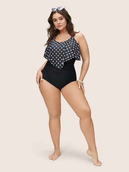 Polka Dot Patchwork Ruffles Gathered One Piece Swimsuit