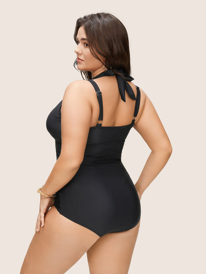 Solid Ruched Metal Buckle Detail One Pieces Swimsuit
