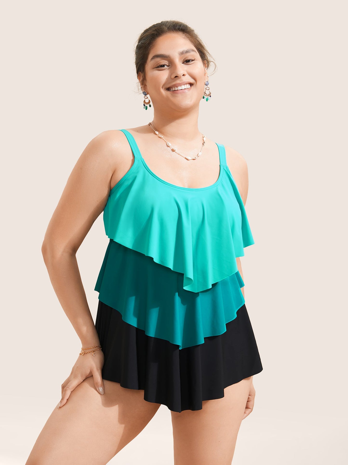 Colorblock Contrast Ruffle Layered Hem Tankini Top