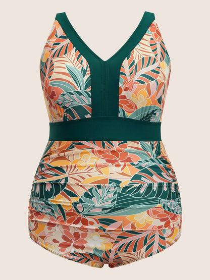 Tropical Print Patchwork Contrast Trim One Piece Swimsuit