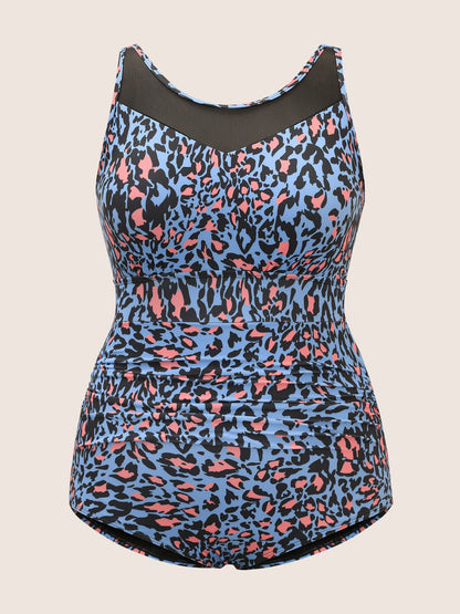 Leopard Print Gathered See Through One Piece Swimsuit