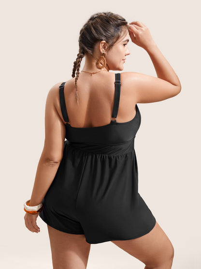 Plain Bowknot Pocket Gathered One Piece Swimsuit