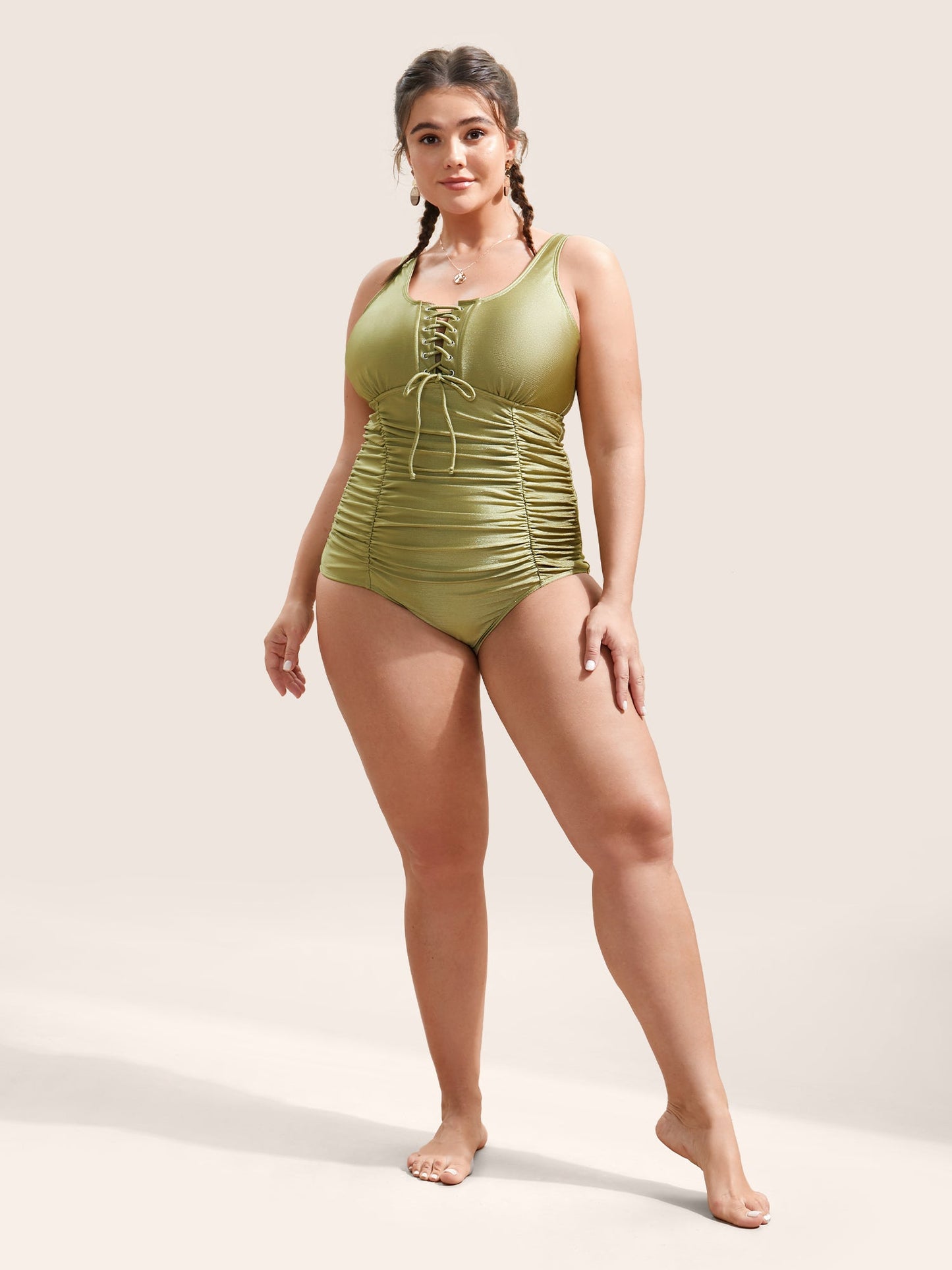 Solid Lace Up Gathered One Piece Swimsuit