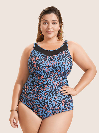 Leopard Print Gathered See Through One Piece Swimsuit