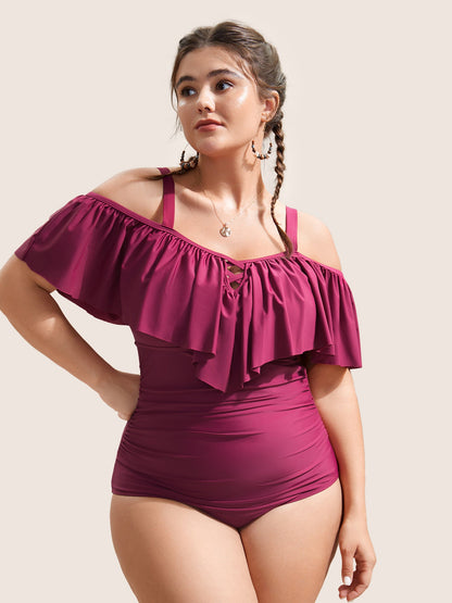 Plain Ruffle Crisscross Neck Tummy Control One Piece Swimsuit