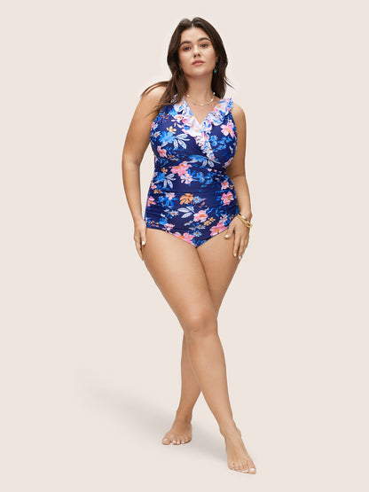 Floral Ruffle Trim Adjustable Straps One Piece Swimsuit