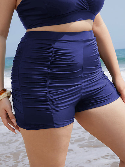 Solid High Waist Ruched Detail Swim Shorts