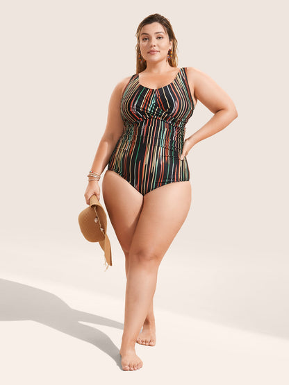 U Neck Stripes Crossover One Piece Swimsuit