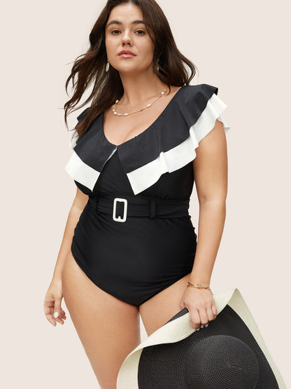Layered Ruffle Trim Belted One Piece Swimsuit