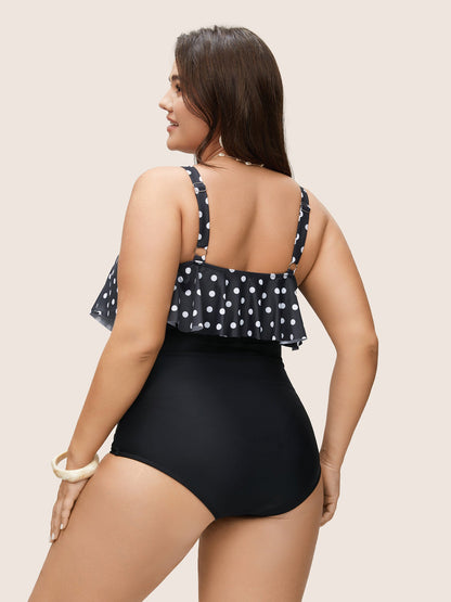 Polka Dot Patchwork Ruffles Gathered One Piece Swimsuit