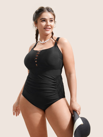 Solid Gathered Crisscross One Piece Swimsuit