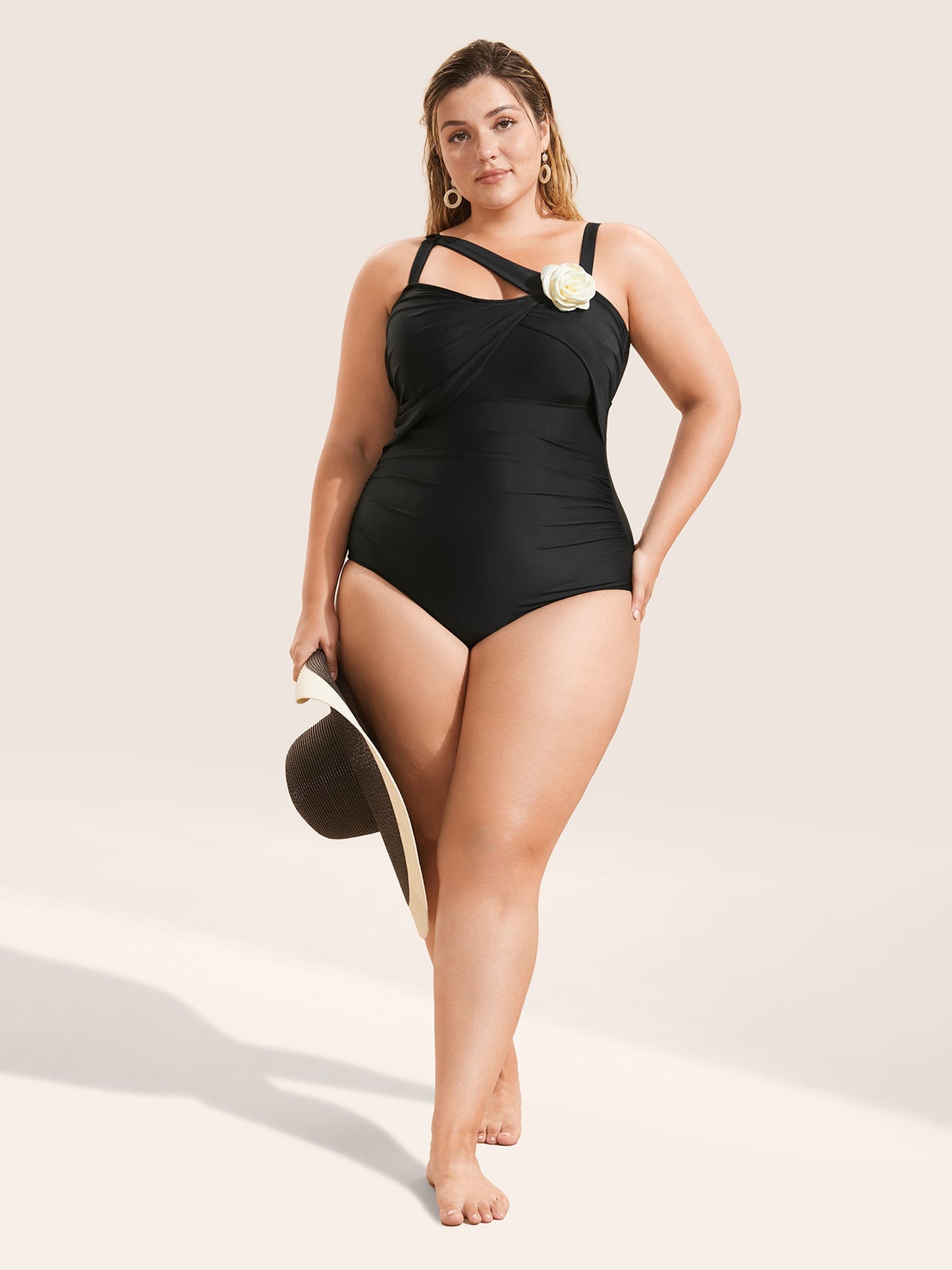 Stereo Flower Asymmetrical Ruched One Piece Swimsuit