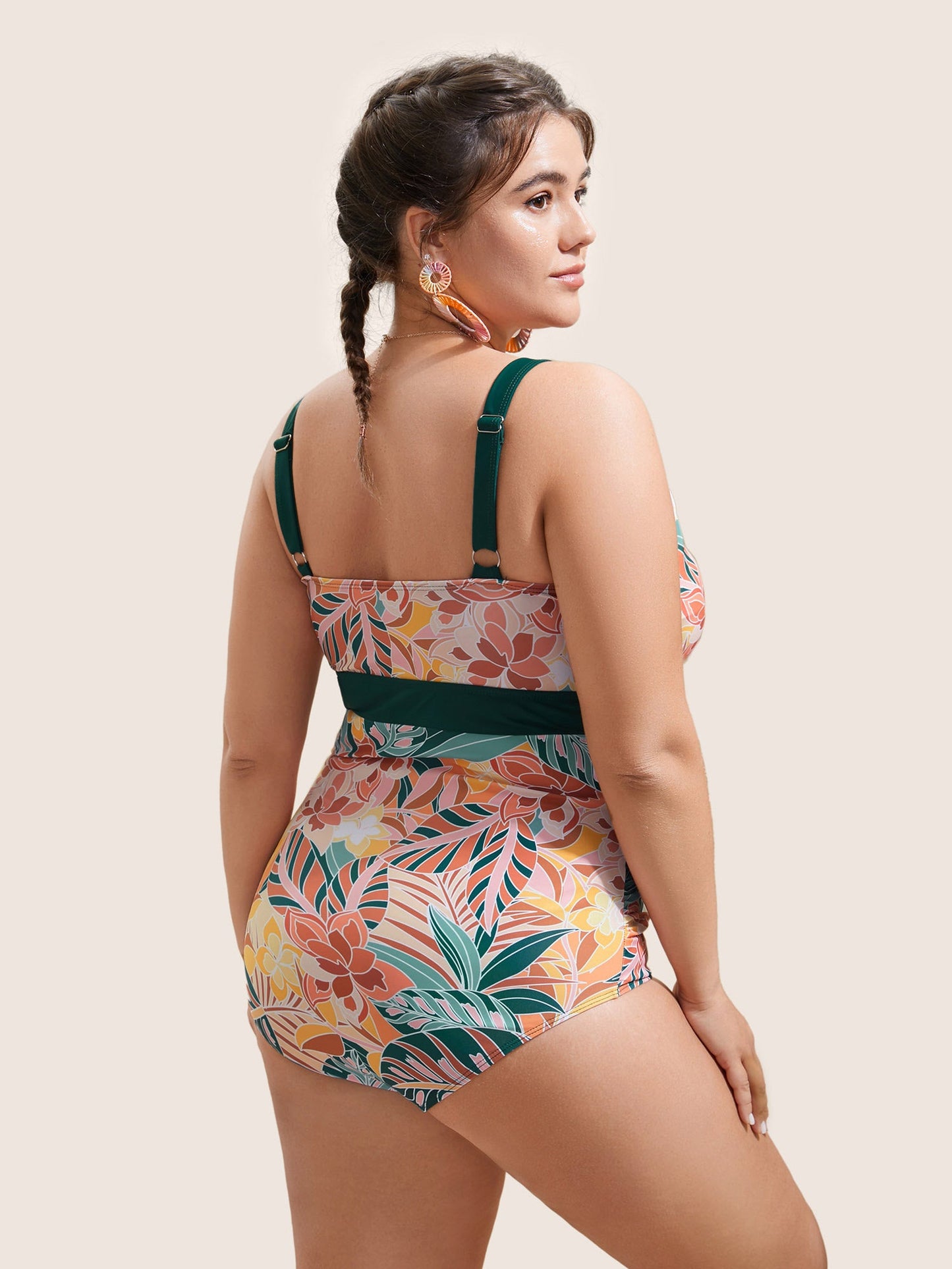 Tropical Print Patchwork Contrast Trim One Piece Swimsuit