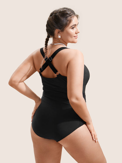 Solid Gathered Crisscross One Piece Swimsuit