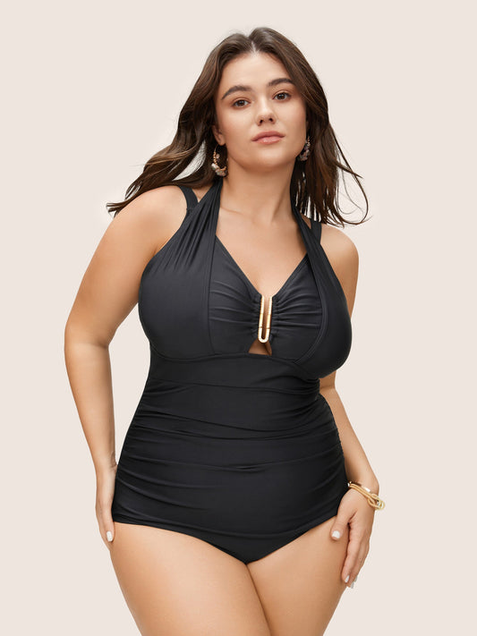 Solid Ruched Metal Buckle Detail One Pieces Swimsuit