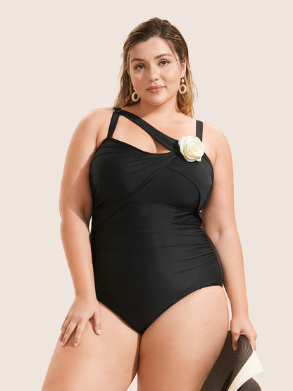 Stereo Flower Asymmetrical Ruched One Piece Swimsuit