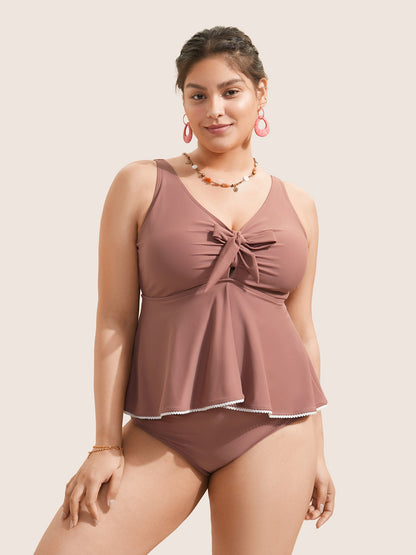 Lace Trim Bowknot Front Ruched One Piece Swimsuit