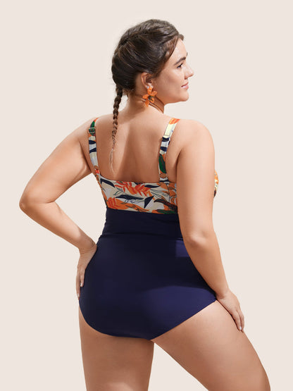 Tropical Patchwork Flutter Trim One Piece Swimsuit