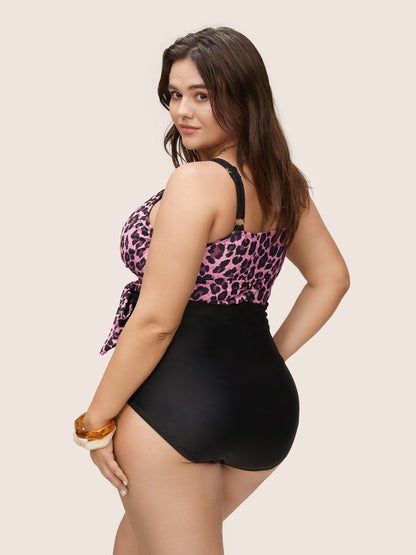 Leopard Patchwork Bowknot Side One Piece Swimsuit