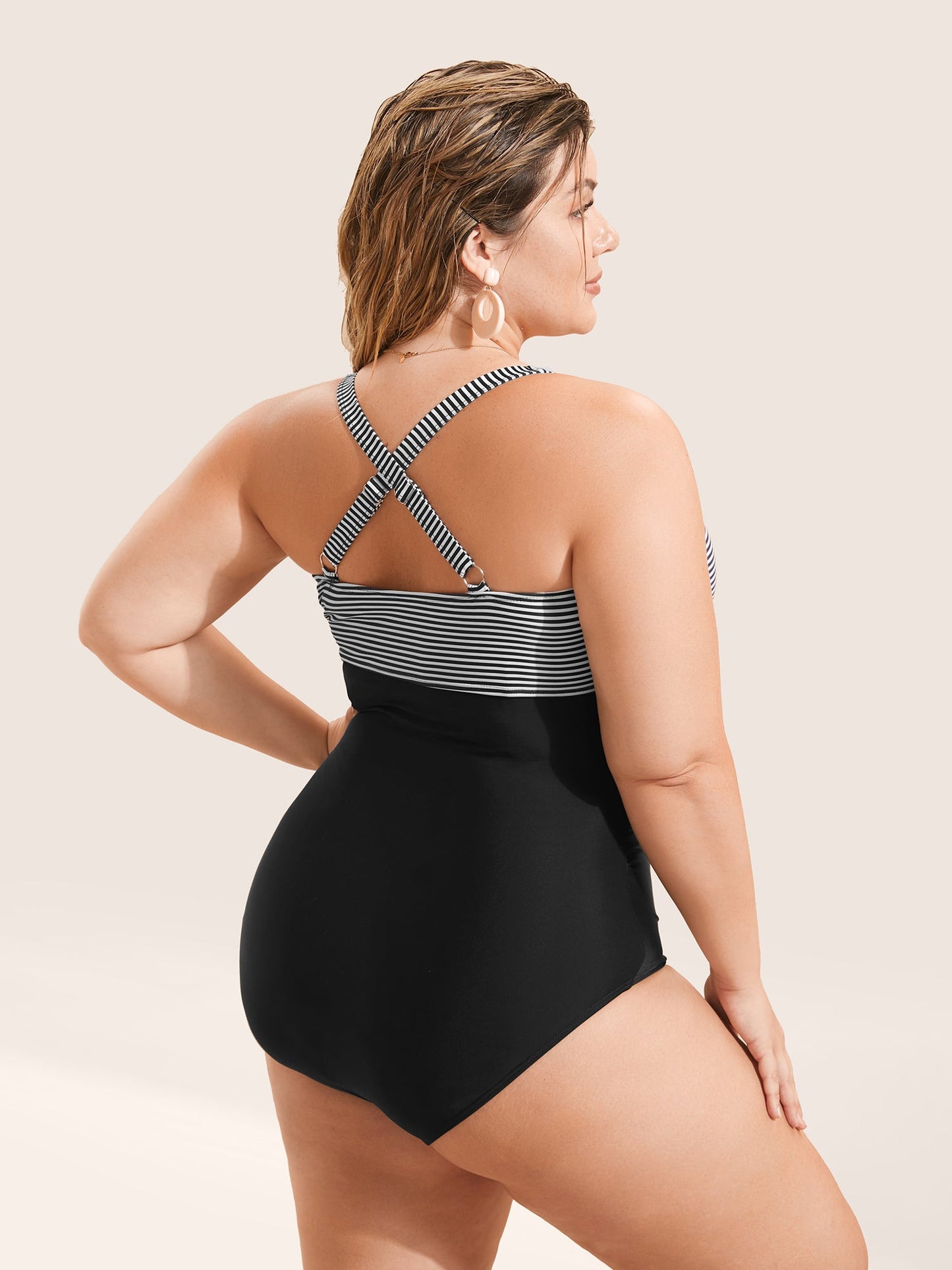 U Neck Stripes Patchwork Buckle Detail One Piece Swimsuit