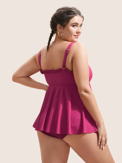 Solid Frill Trim Adjustable Straps Swim Top