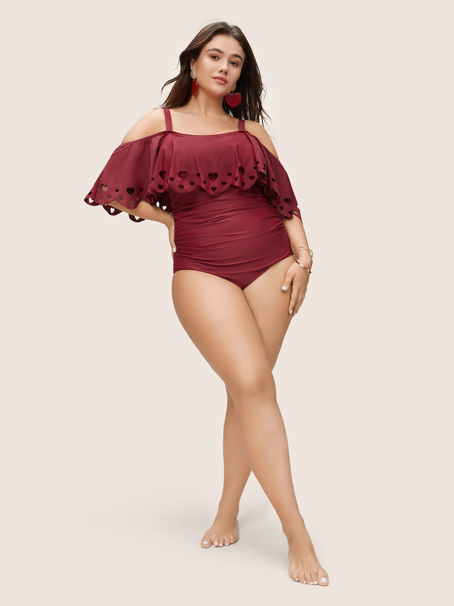 Laser Cut Ruched Cold Shoulder One Piece Swimsuit