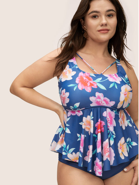 Floral Ruffle Hem Adjustable Straps One Piece Swimsuit