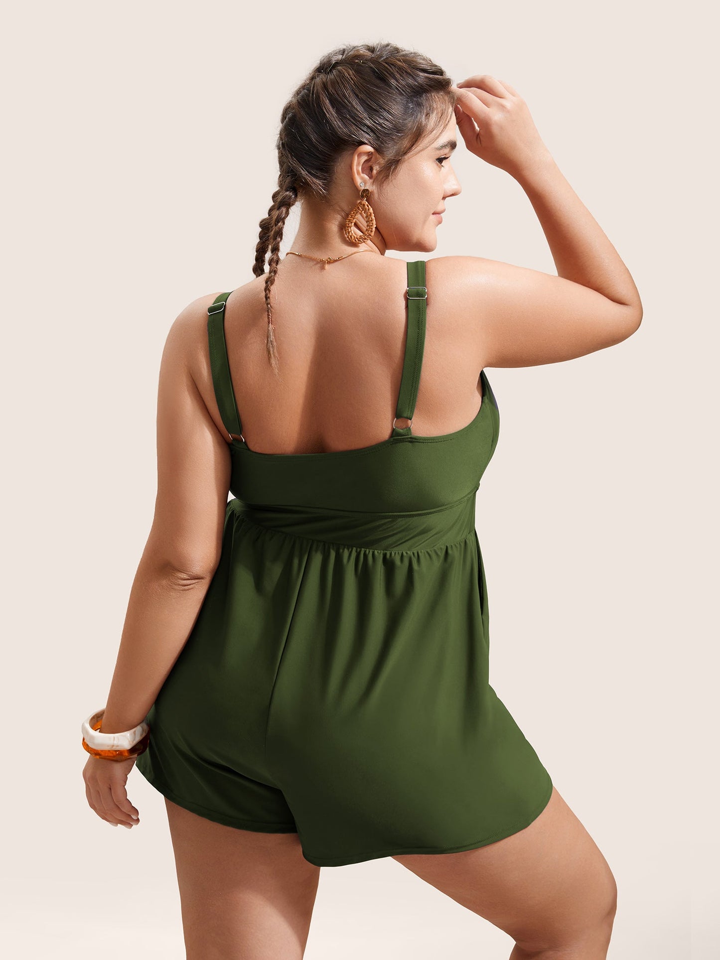 Plain Bowknot Pocket Gathered One Piece Swimsuit