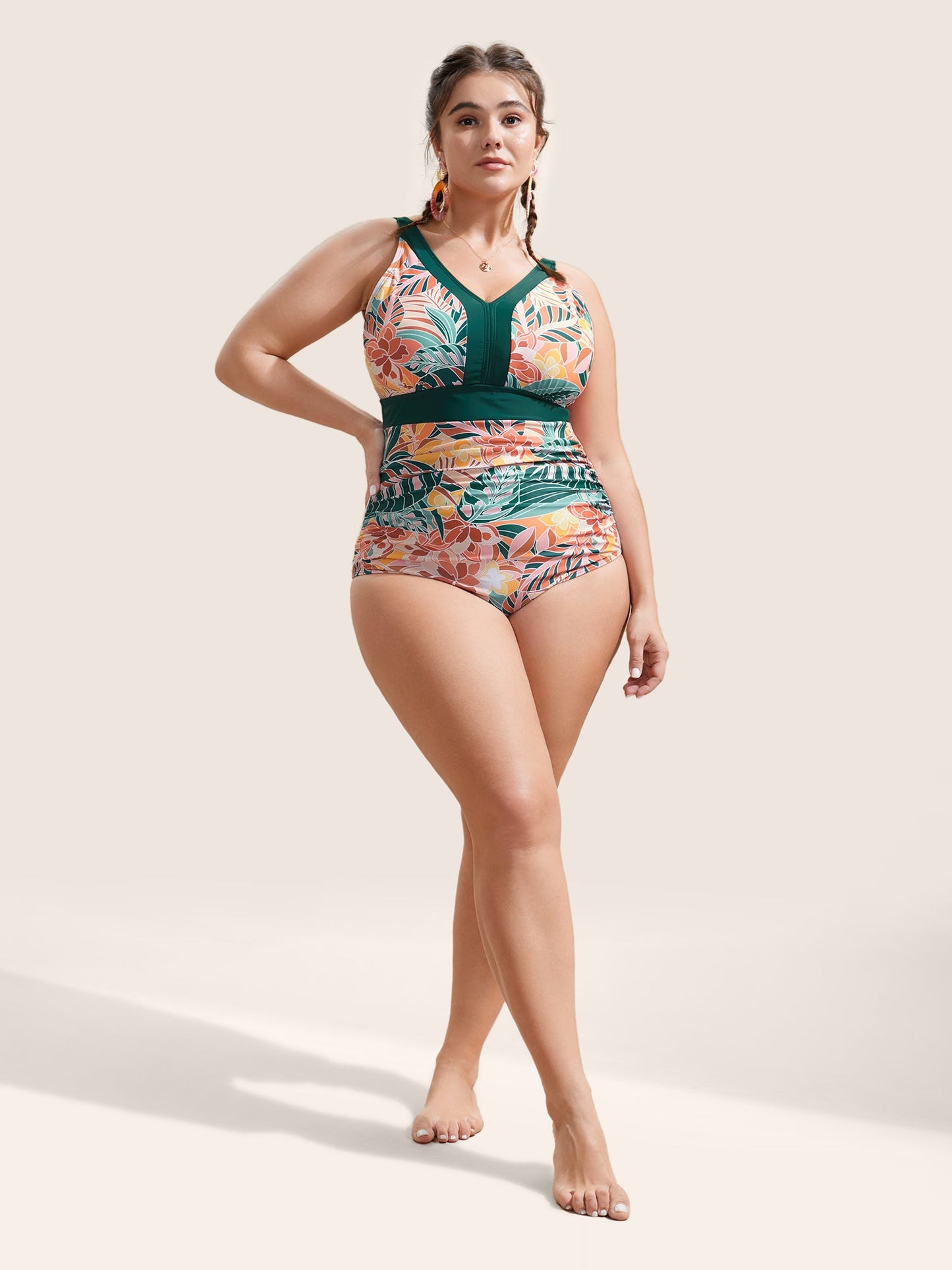 Tropical Print Patchwork Contrast Trim One Piece Swimsuit