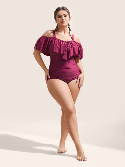 Plain Ruffle Crisscross Neck Tummy Control One Piece Swimsuit