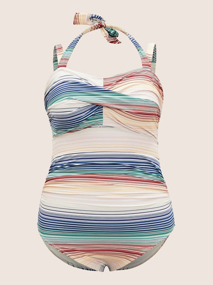 Color Striped Crossover Gathered One Piece Swimsuit