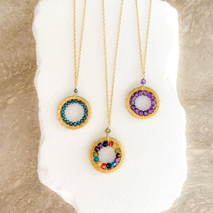 London Blue Quartz, Rainbow Gemstone and Amethyst Mini Gold Mason Circle Necklaces